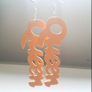Tan Queen Script Wood Drop Earring